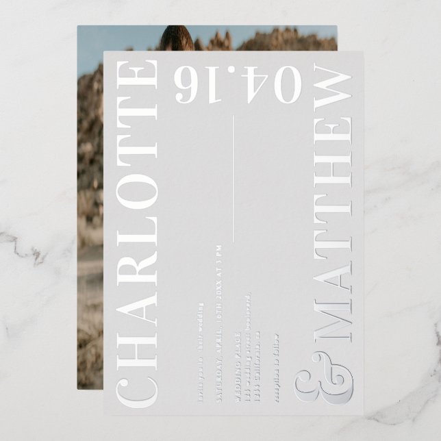 Modern bold names grey photo wedding silver (Front/Back)