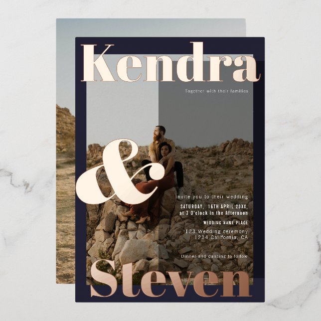 Modern bold names navy blue photo wedding (Front/Back)