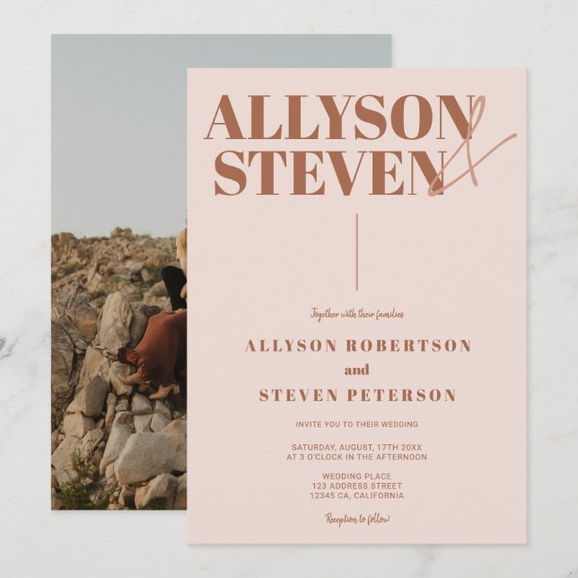 Modern bold names script beige photo wedding invitation (Front/Back)