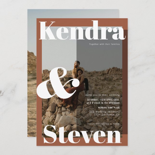 Modern bold names terracotta photo retro wedding invitation (Front/Back)