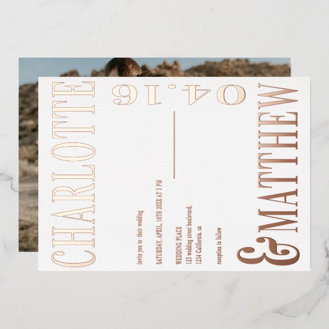 Modern bold names white photo wedding rose gold (Front/Back)
