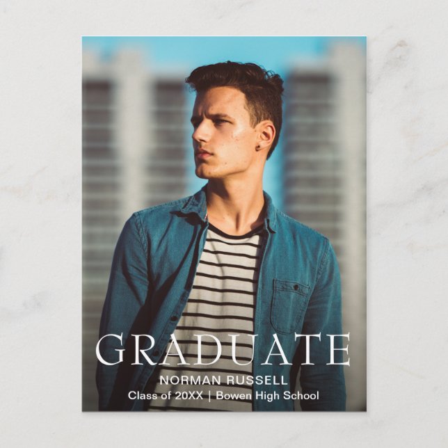 Modern Bold Navy Blue Boy Photo Graduation Announcement Postcard (Front)