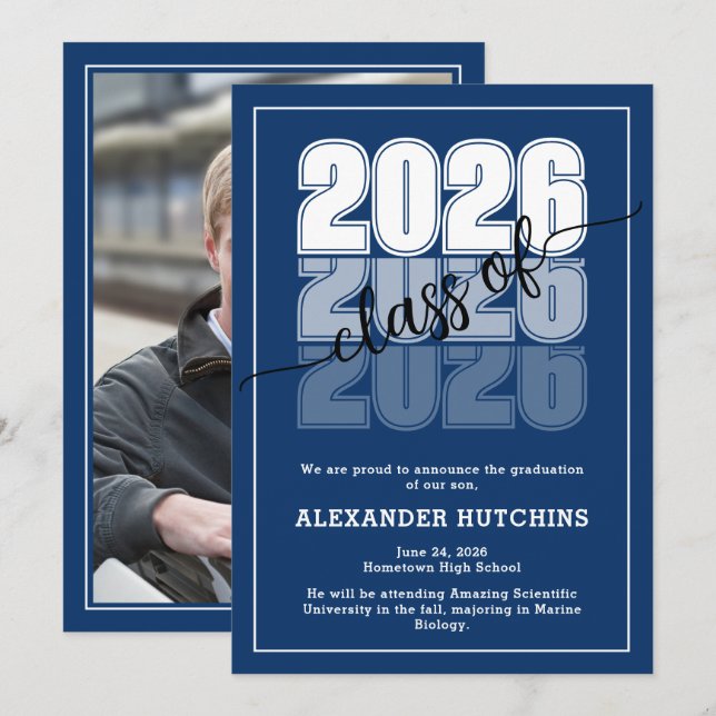 Modern Bold Navy Blue Class of 2026 Graduation Announcement (Front/Back)