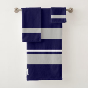 Modern Bold Navy Blue Grey Stripe Monogram Bath Towel Set