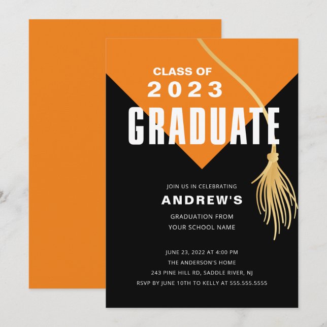 Modern Bold Orange Cap Graduation Invitation (Front/Back)