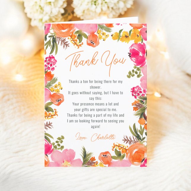 Modern bold orange flowers script bridal shower thank you card (Modern bold orange flowers script bridal shower thank you card)