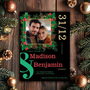 Modern Bold Photo Holly Berries Christmas Wedding Invitation