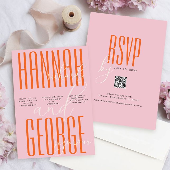 Modern Bold Pink and Orange QR Code Unique Wedding Invitation (Modern Bold Pink and Orange Colorful Typography unique all-in-one QR code rsvp wedding invitation)