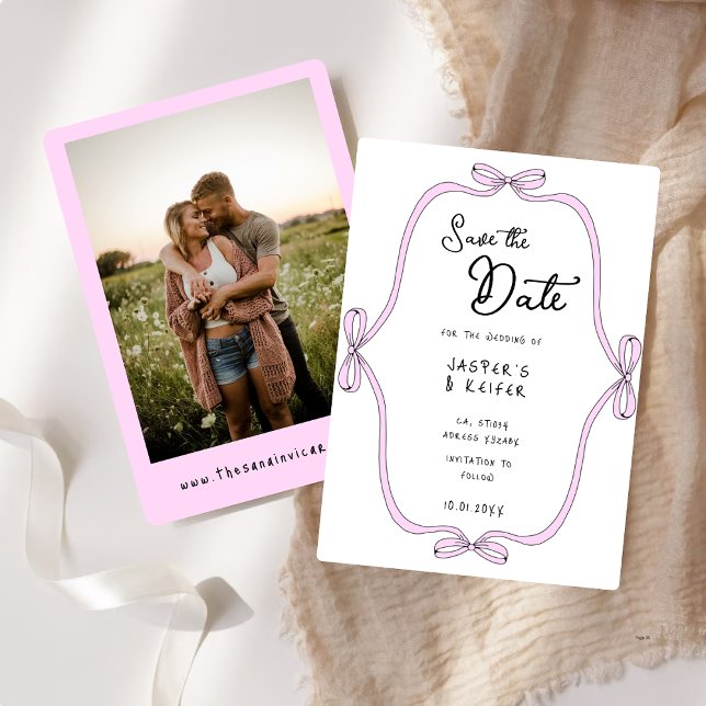 Modern Bold Pink Bow Photo Wedding Save The Date Invitation (Creator Uploaded)