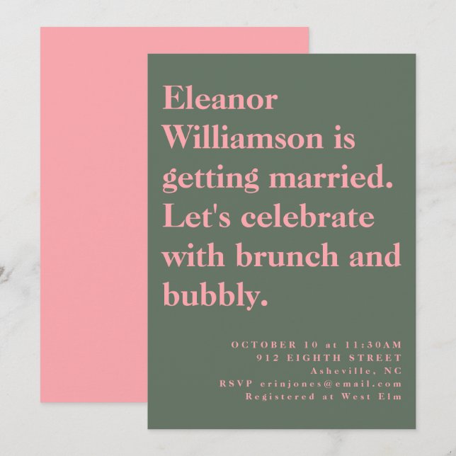 Modern Bold Pink Green Typography Bridal Brunch Invitation (Front/Back)