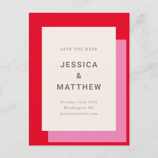 Modern Bold Pink Red Wedding Save The Date Postcard (Front)
