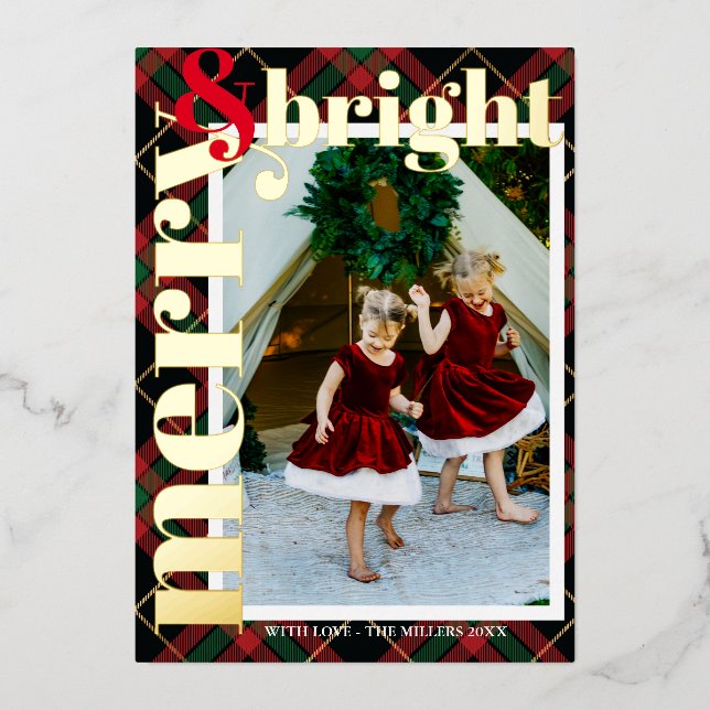 Modern Bold Plaid Merry & Bright Family Photo Foil Holiday Card (Front)