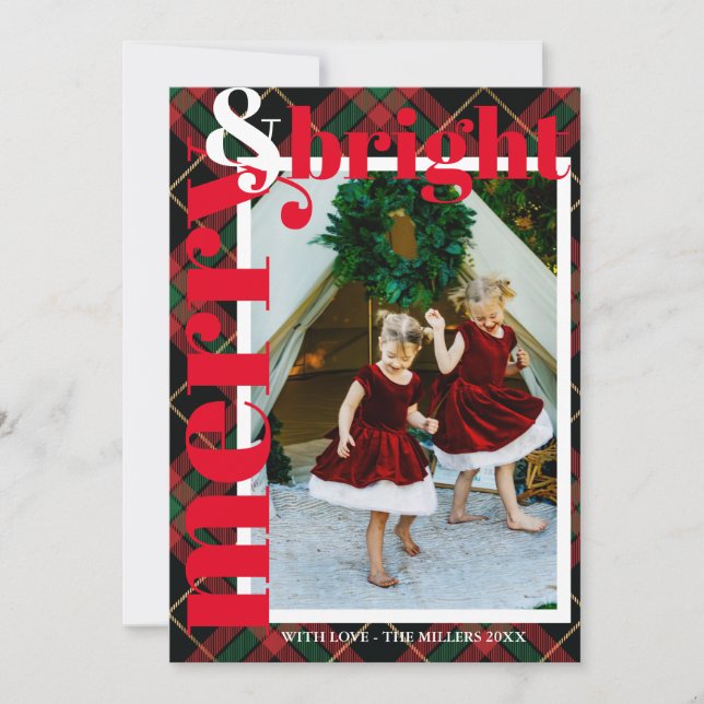 Modern Bold Plaid Merry & Bright Family Photo Holiday Card (Front)