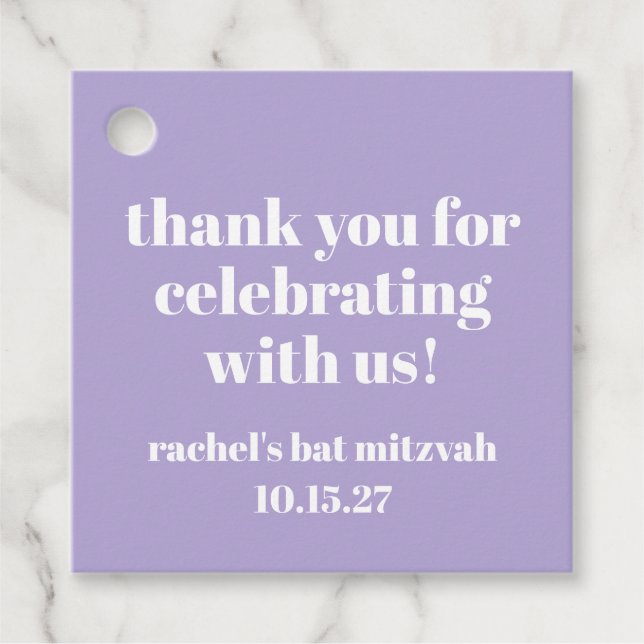 Modern Bold Purple Bat Mitzvah Custom Thank You Favour Tags (Front)