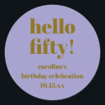 Modern Bold Purple Gold 50th Birthday Custom Classic Round Sticker<br><div class="desc">Modern Bold Bright Purple and Gold 50th Birthday Custom Classic Round Sticker. All text is editable so can be used for any age.</div>