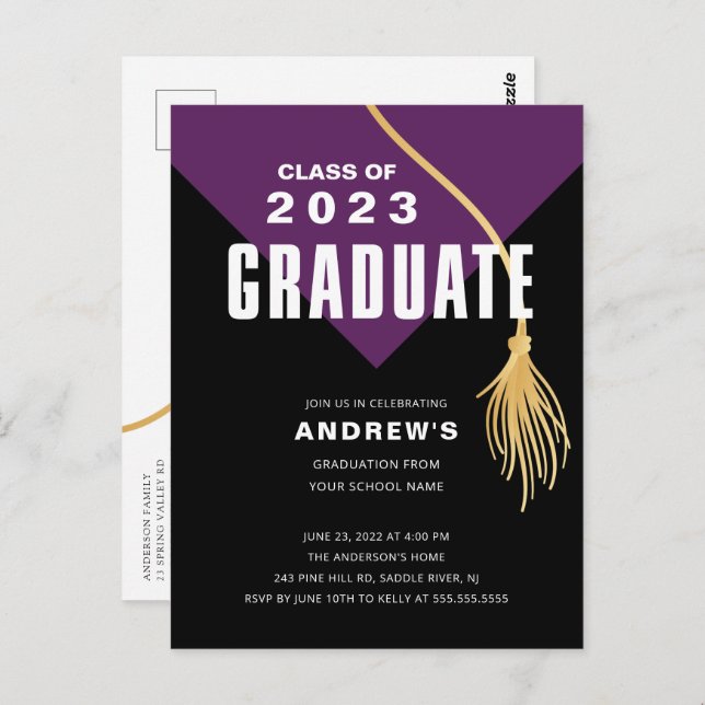 Modern Bold Purple Grad Cap Graduation Postcard (Front/Back)