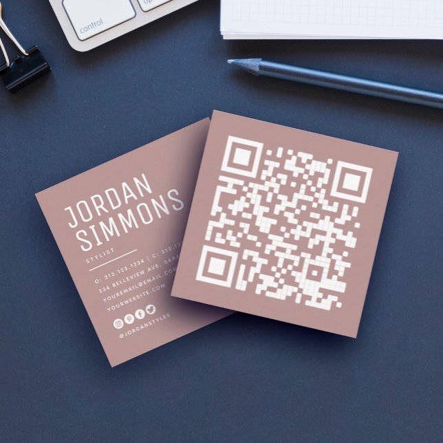 Modern Bold QR code Simple Stylish Blush Square Business Card (Creator Uploaded)