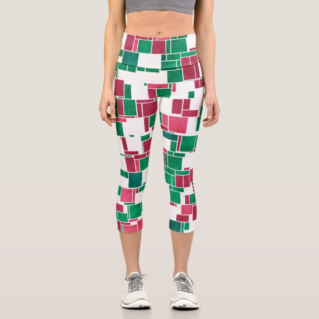 Modern Bold Red and Green Christmas Mondrian Capri Leggings (Front)