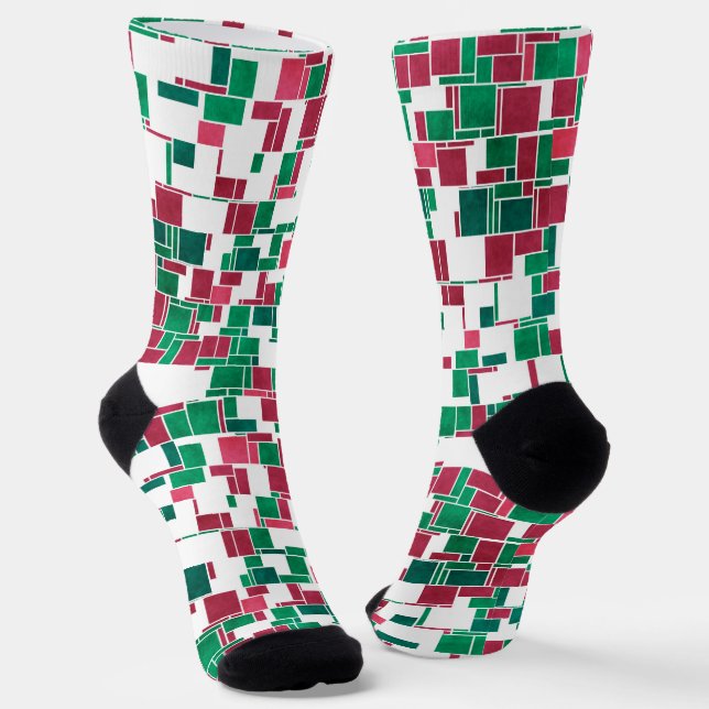 Modern Bold Red and Green Christmas Mondrian Socks (Angled)