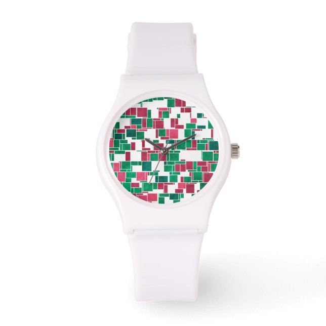 Modern Bold Red and Green Christmas Mondrian Watch (Front)