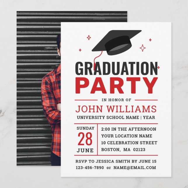 Modern Bold Red Black White Photo Graduation Party Invitation (Front/Back)