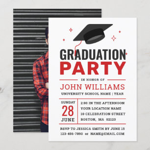 Modern Bold Red Black White Photo Graduation Party Invitation