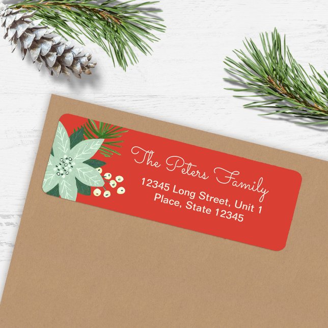 Modern Bold Red Floral Merry Christmas address  (Modern Bold Red Floral Merry Christmas address Label)