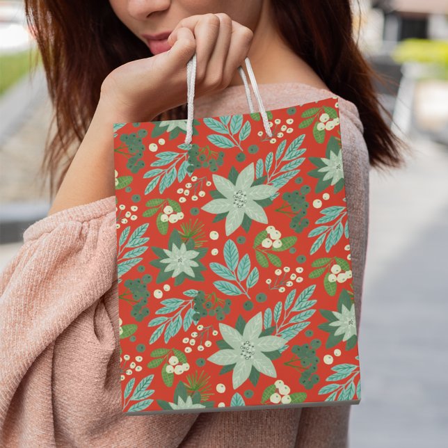 Modern Bold Red Floral Merry Christmas Medium Gift Bag (Modern Bold Red Floral Merry Christmas Medium Gift Bag)