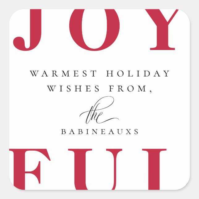 Modern Bold Red JOYFUL Holiday Square Sticker (Front)