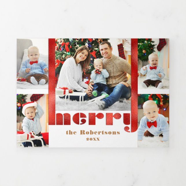 Modern Bold Red Merry Typography 5-Photo  Tri-Fold Holiday Card (Cover)
