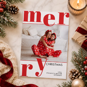 Modern Bold Red Typography Photo Merry Christmas Holiday Card