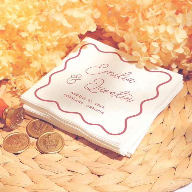 Modern Bold Red Wavy Frame Retro Wedding Napkin (Creator Uploaded)