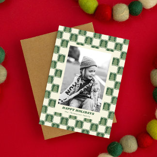 Modern Bold Retro Green Christmas Chequered Photo Holiday Card