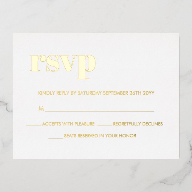 Modern Bold Retro Lettering White REAL Gold RSVP Foil Invitation Postcard (Front)