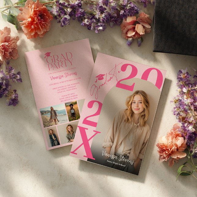 Modern Bold Retro Pink Trendy 6 photos graduation Invitation (Modern Bold Retro Pink Trendy 6 photos graduation Invitation)