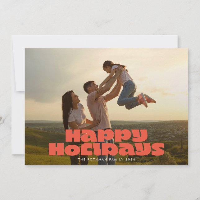 MODERN Bold Retro Red Typography Photo HAPPY Holiday Card (Front)