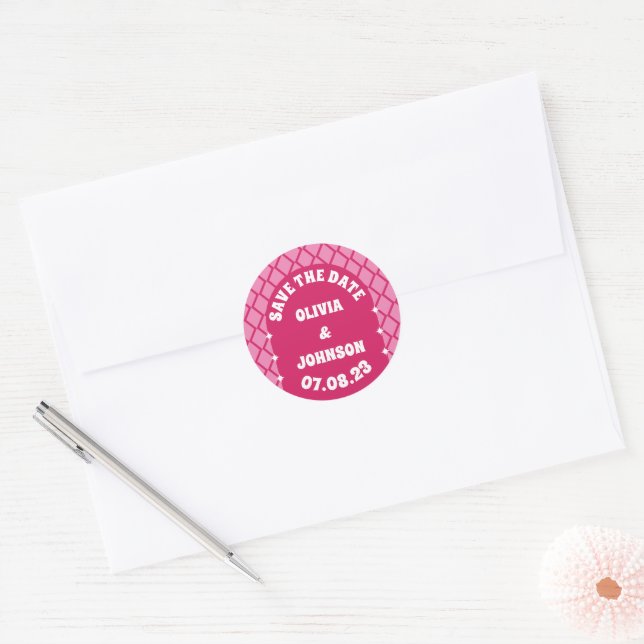 Modern Bold Retro Wedding Date Save the Date Pink Classic Round Sticker (Envelope)