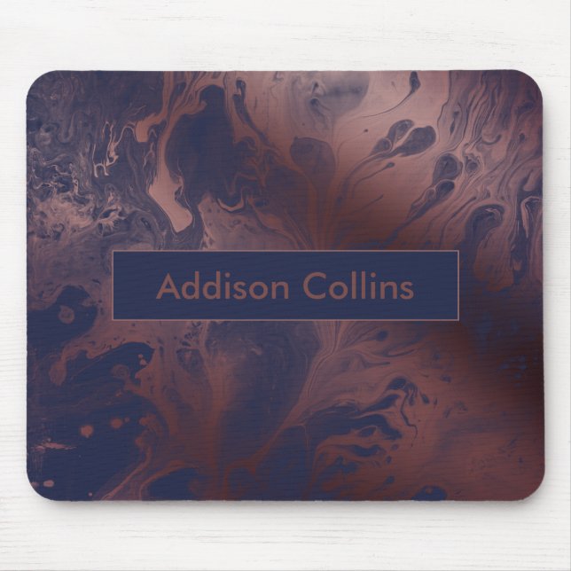 Modern Bold Rose Gold & Navy Blue Marbled Name Mouse Mat (Front)