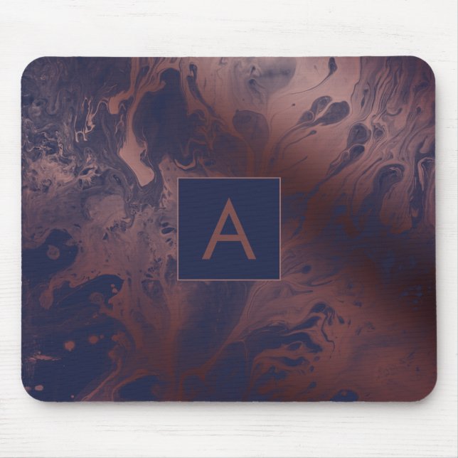 Modern Bold Rose Gold & Navy Marble Monogram Mouse Mat (Front)
