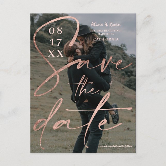 Modern bold rose gold script save the date photo postcard (Front)