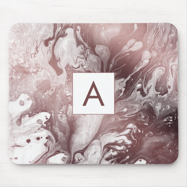 Modern Bold Rose Gold & White Marble Monogram Mouse Mat (Front)