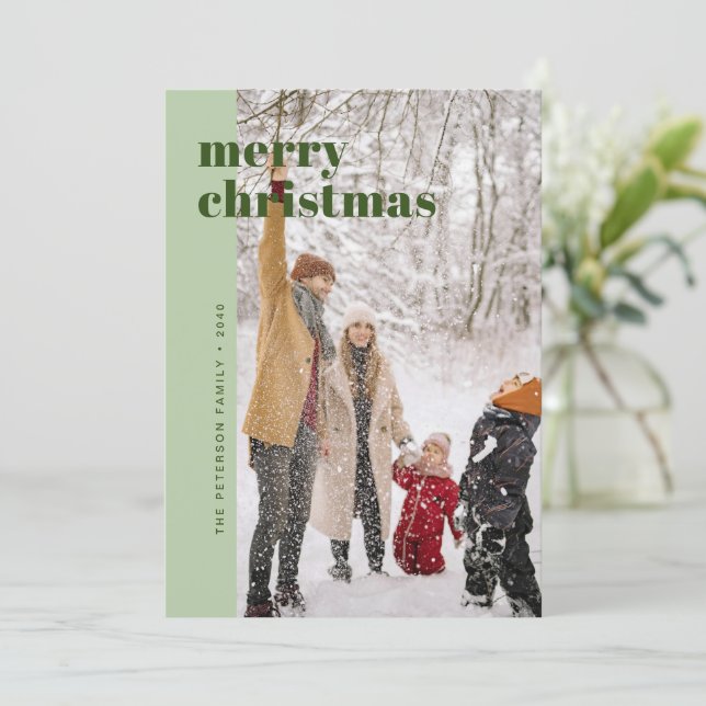 Modern Bold Sage Green Merry Christmas Photo Holiday Card (Standing Front)