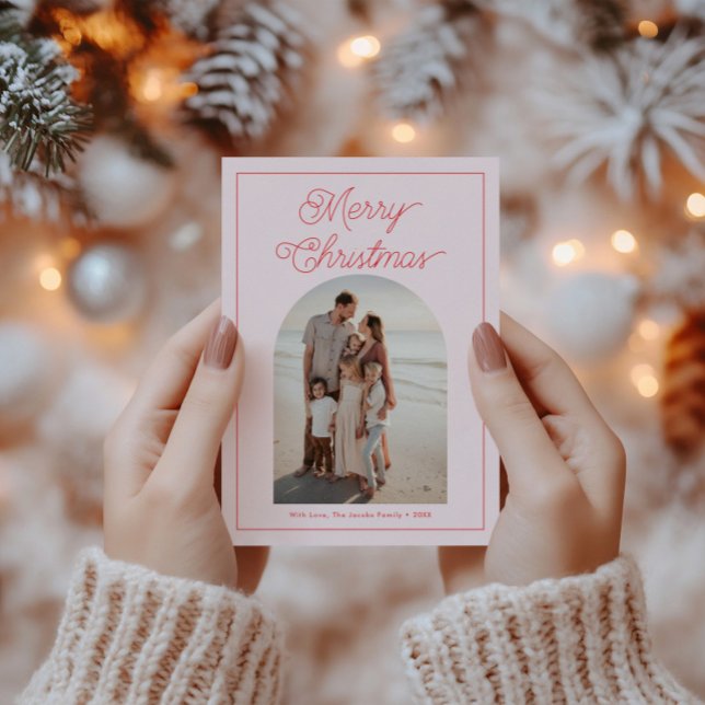Modern Bold Script Arch Photo Red and Pink Holiday Card (Creator Uploaded)