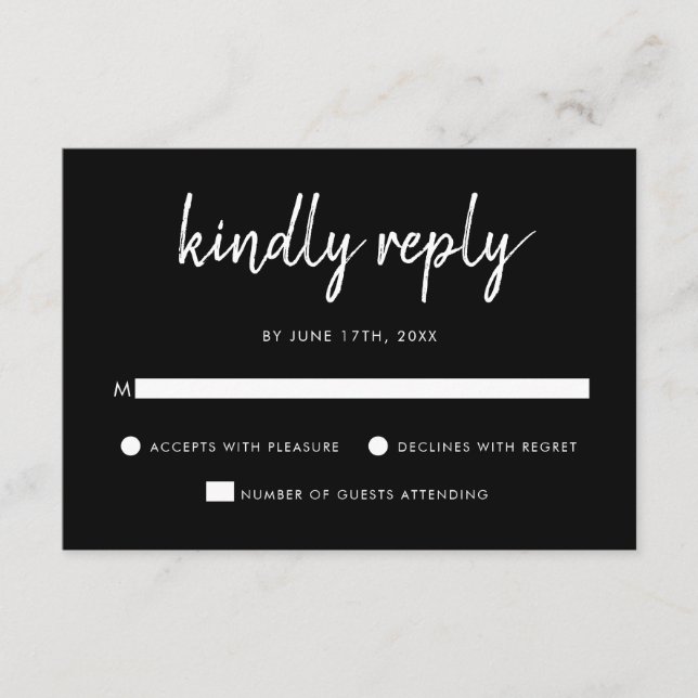 Modern Bold Script Black And White Wedding RSVP Card (Front)