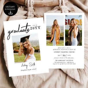Modern Bold Script Graduate 3 Photo Graduation Invitation