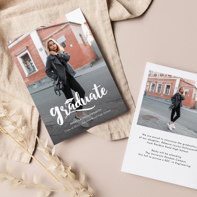 Modern Bold Script Graduate Photo Graduation Announcement (Modern Script Graduation Grad Photo Announcement)