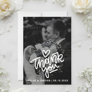 Modern Bold Script Heart Photo Wedding  Thank You Card