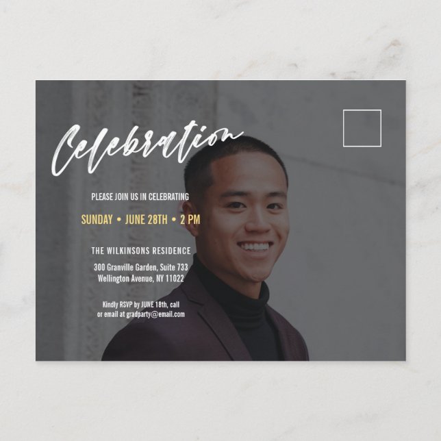 Modern Bold Script Minimal Photo Graduation Party Invitation Postcard (Back)
