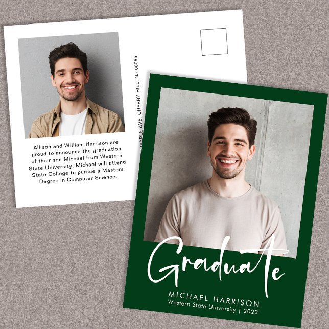Modern Bold Script Photo Green Graduation Announcement Postcard (Creator Uploaded)