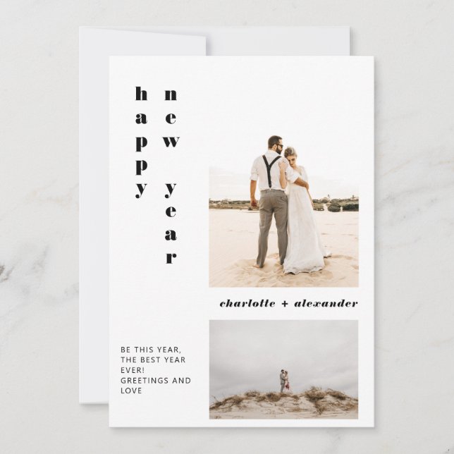 Modern bold script pink happy new year 2 photo holiday card (Front)